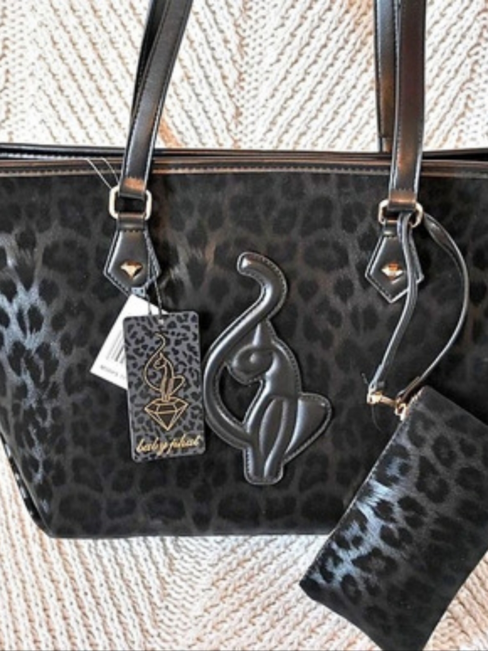 baby phat Black Leopard Print Tote Bag with Wristlet Set in Black & Gray